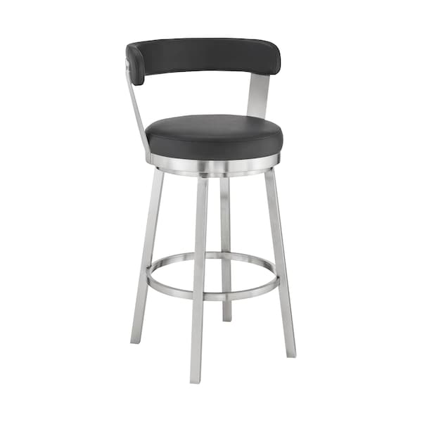 Armen Living Kobe 30" Bar Height Swivel Bar Stool in Brushed Stainless Steel Finish and Black Faux Leather 721535761791 - main